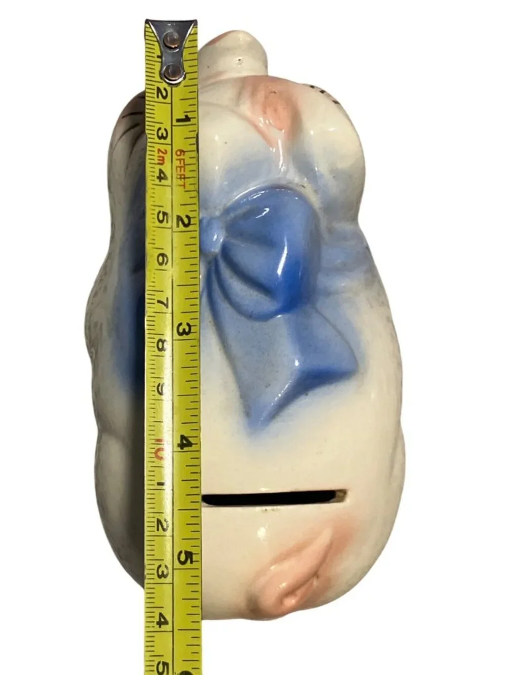Vintage Ceramic Piggy Bank With Blue Bow and Pink Accents
